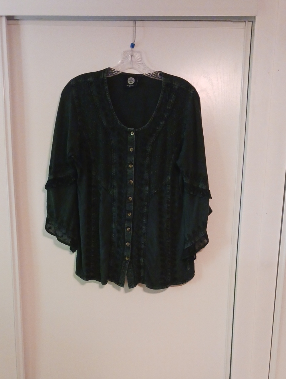 Boho-Inspired Forest Green Button-Front Womens Blouse